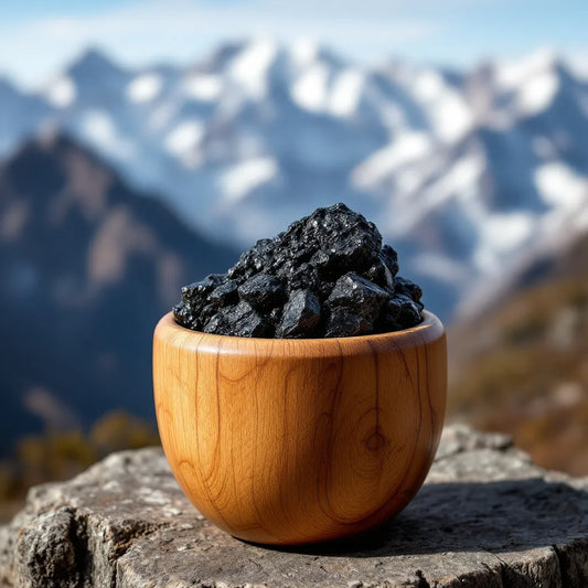 Résine de Shilajit dans une cuillère en bois