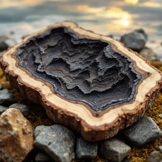 Résine de shilajit sur cuillère en bois devant montagnes