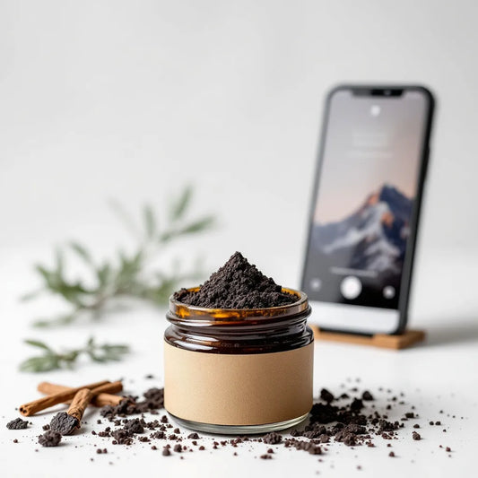 Pot de shilajit himalayen avec smartphone en arrière-plan