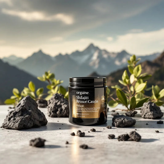 Pot de shilajit sur fond de montagnes