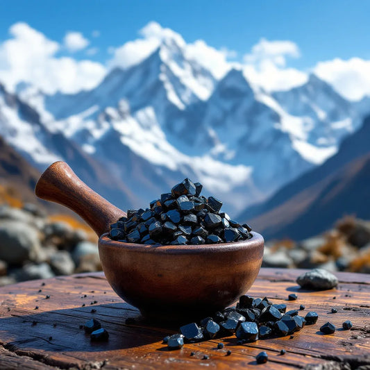 Cuillère de shilajit sur fond de montagnes himalayennes