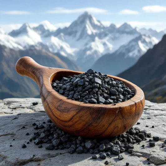 Cuillère de shilajit devant montagnes himalayennes