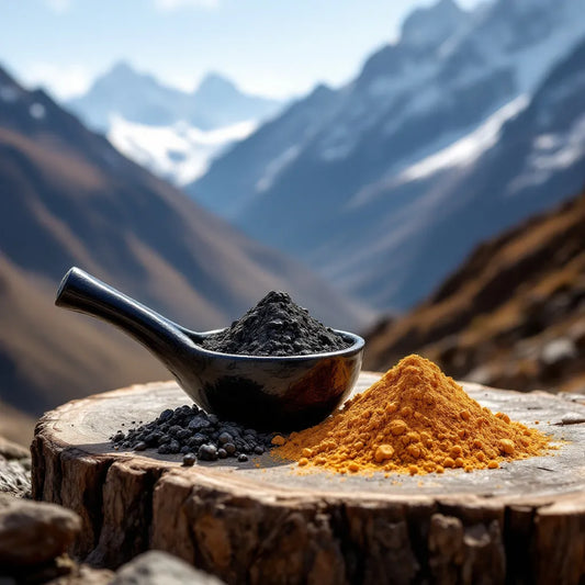 Cuillères de Shilajit et de Mumijo devant des montagnes