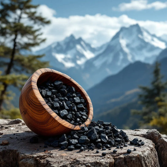 Résine de shilajit dans une cuillère en bois