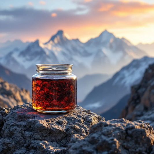 Pot de shilajit devant l’Himalaya